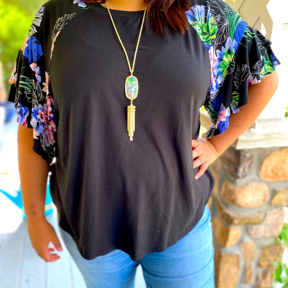 Emerald Ruffle Sleeve Tropical Printed Tee